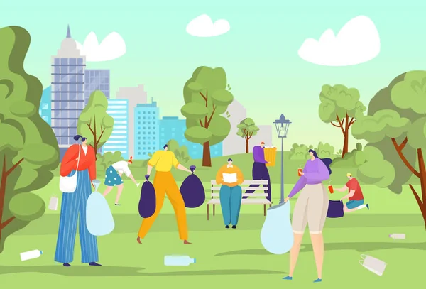 Limpiar el parque de la basura, ilustración de vectores. Ecología ambiental de la ciudad, trabajo comunitario voluntario con basura plana en la naturaleza — Archivo Imágenes Vectoriales