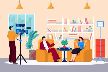 Sunucu karakterle konuşur, gazeteci muhabir vektör illüstrasyonunda sorular sorar. Erkek kadın konuşmacı koltukta oturuyor.