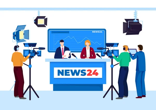 Televisie studio met televisie persoon, vectorillustratie. Man vrouw mensen werken bij cartoon broadcast media, video-uitzendingen. — Stockvector