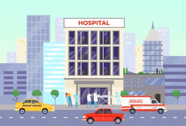 Sağlık için tıbbi bina, ambulanslı acil servis, vektör illüstrasyon. Modern hemşireyle çizgi roman tıp hastanesi, doktor.