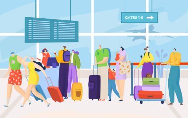 Uçuş için havaalanı kuyruğu, bagaj taşıyıcı illüstrasyonlu turist. Bagajı olan insanlar terminalden çıkış salonundalar..