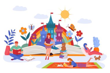 Aile fantezisi hikaye kitabı, vektör illüstrasyonu. Çocuklar için edebiyat, kız, mutlu çocuk karakteri. İnsanlar kitap okur, çocukluk okur.