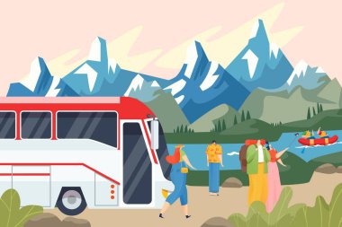 Otobüs durdu, turistler dağ manzarasına, taşımacılıkla yolculuğa, iş turizmine, çizgi film stili illüstrasyonuna hayran kaldılar..