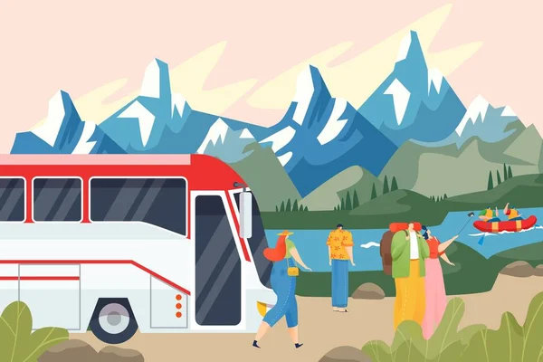 Bus stopped, tourists admire mountain landscape, road trip by transport, business tourism, cartoon style vector illustration. — Stock Vector