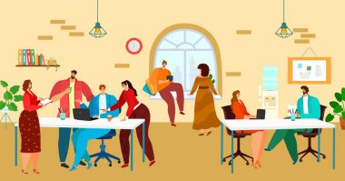 Eş zamanlı çalışma, ofis çalışma alanı, insanlar takım halinde çalışır, yaratıcı iş süreci, çizgi film stili illüstrasyon tasarımı.