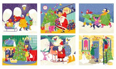 İnsanlar Noel için vektör çizimleri hazırlıyorlar. Noel ağacını mücevherler ve çelenklerle süslemek.