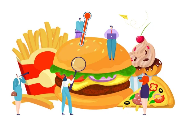 Comida rápida gente diminuta control de calidad, estilo de vida saludable, comida agradable, ilustración vectorial estilo de dibujos animados, aislado en blanco. — Vector de stock