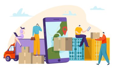 Çevrimiçi dağıtım hizmeti konsepti, iş hızlı kurye sevkiyatı, cep telefonuyla kargo takibi, düz stil vektör ilülasyonu.