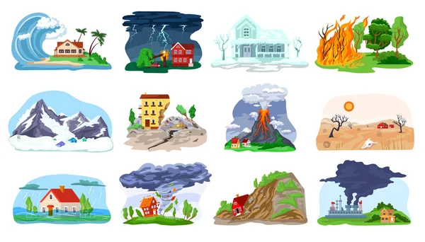 Natural disaster, catastrophe set of vector illustrations with tornado, blizzard, fire, tsunami. Hurricane, crisis in nature, earthquake, volcano. — Stock Vector