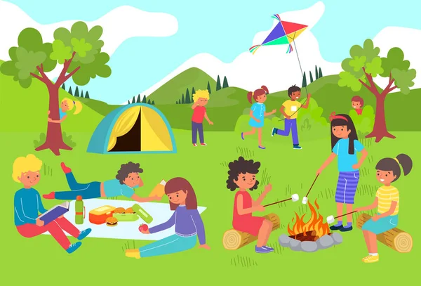 Kids have fun and play in summer camp, holidays outside city, happy girls and boys at picnic, cartoon style vector illustration.