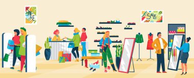 Giyim mağazasındaki insanlar, başarılı perakende, yeni moda, mevsimlik satış, tatmin olmuş müşteriler, çizgi film tarzı vektör illüstrasyonu.