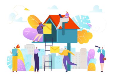 Küçük insanlar, klasik posta kutusu, mektup dağıtım konsepti, iş hizmeti, mesaj transferi, tasarım düz biçim vektör illüstrasyonu.