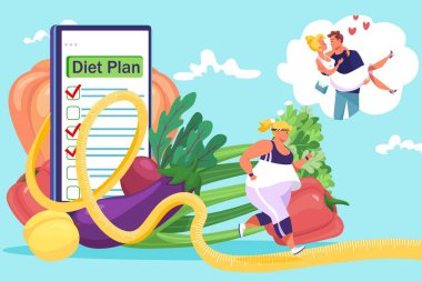 Şişman kadın, diyet planına sadık kal, aşkı hayal et, sağlıklı yaşam tarzı konsepti, çizgi film stili illüstrasyon tasarımı.