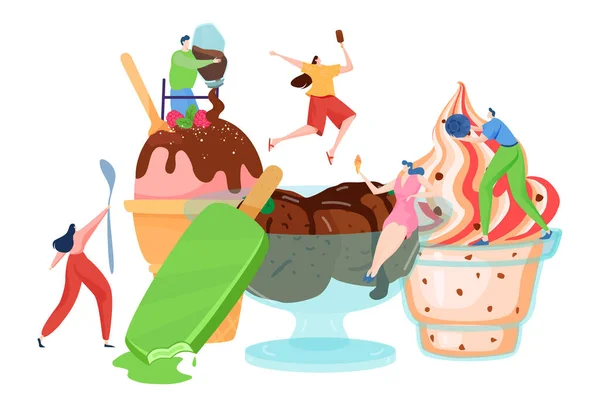 Drobní lidé zdobí zmrzlinu, dezert čas, lahodné sladké jídlo, teplé léto, žena vařit, kreslený styl vektorové ilustrace. — Stockový vektor