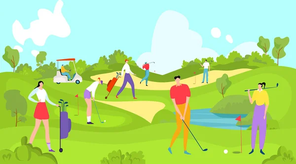 Mensen spelen golf, jonge golfer, interessante actieve sport, mannen club, modieuze levensstijl, cartoon stijl vector illustratie. — Stockvector