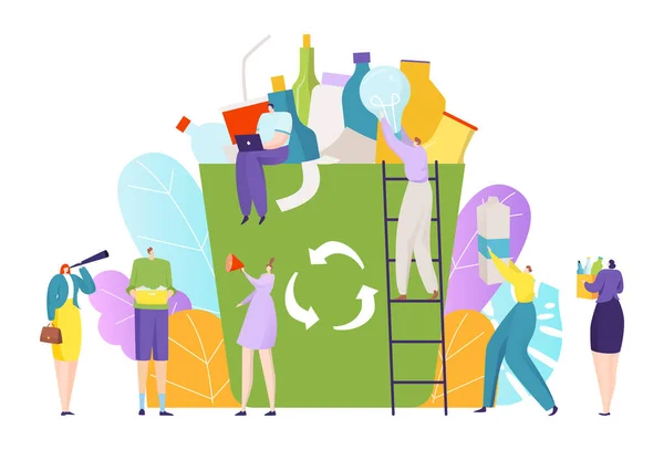 Kleine mensen verzamelen afval, recycling vuilnis concept, milieuvervuiling, stad ecologie, cartoon stijl vector illustratie. — Stockvector