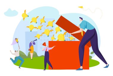 İş adamı ampul fikirlerini yayıyor, yaratıcı yaratıcılık, iş ilhamı, çizgi film stili illüstrasyon tasarımı.