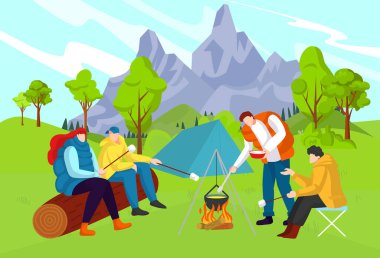 Güzel doğa, ilginç macera, turist kampı, dağların yakınındaki ormanda seyahat, çizgi film tarzı vektör çizimi.