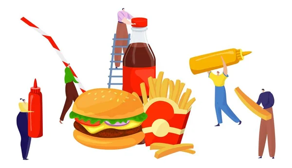 Pequeños pueblos con comida rápida, hombres y mujeres preparando hamburguesa, diseño de dibujos animados estilo vector ilustración, aislado en blanco. — Vector de stock