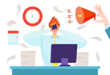 Stres atmanın, yoğun iş akışının son günü. çok çalışma, tasarım çizgi film stili vektör çizimi, beyaz üzerine izole.