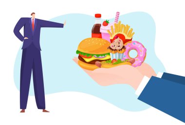 Ivır zıvır fast food reddi, sağlıklı yaşam tarzı, iyi alışkanlıklar, sağlıksız yemek reddi, çizgi film stili çizim çizimi..