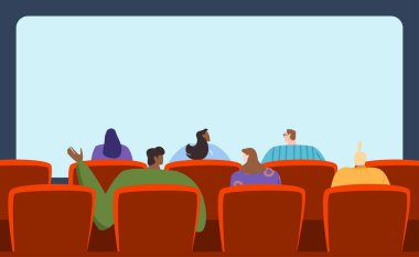 Film izleyen insanlar, geniş izleyiciler, ilginç film, eğlence programı, tasarım çizgi film tarzı vektör illüstrasyonu.