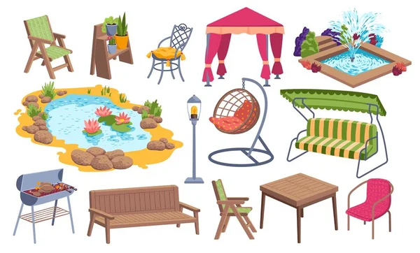 Set di icone per mobili da giardino all'aperto, luogo dello stagno d'acqua, roba bbq e rilassante illustrazione vettoriale del fumetto oggetto cortile, isolato su bianco. — Vettoriale Stock