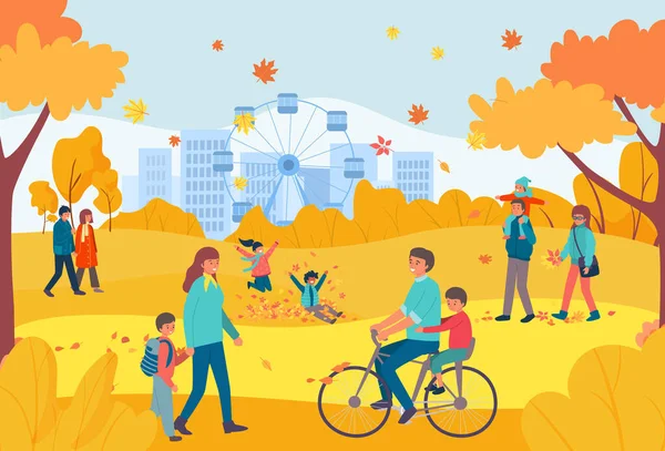性格开朗的人放松散步橙色的国家秋季公园，群集人类漫步在城市户外的平面病媒图解. — 图库矢量图片
