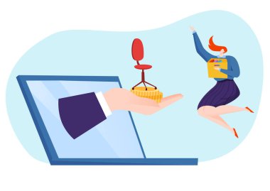 Modern internet röportajı neşeli iş kadını iş buluyor, İnternet işi sohbeti düz vektör çizimi, beyaza izole edilmiş..