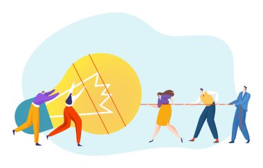 İş dünyası minik insan takım çalışması ampulü çeker, yaratıcı fikir endüstrisi düz vektör çizimi yapar, beyaz üzerine izole edilir..