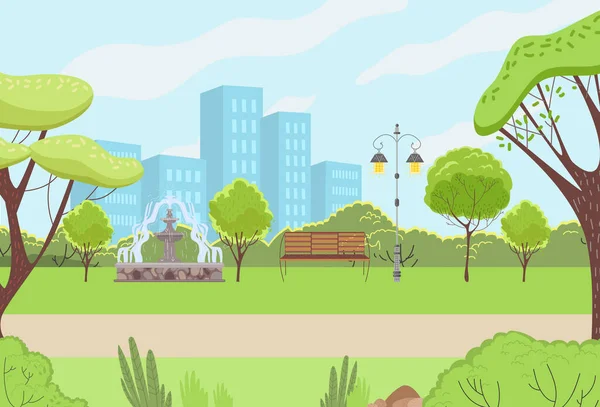 Recreación del parque urbano de paisaje urbano, jardín verde al aire libre lugar de relax, descanso tranquilo ciudad cuadrada vector plano ilustración. — Vector de stock