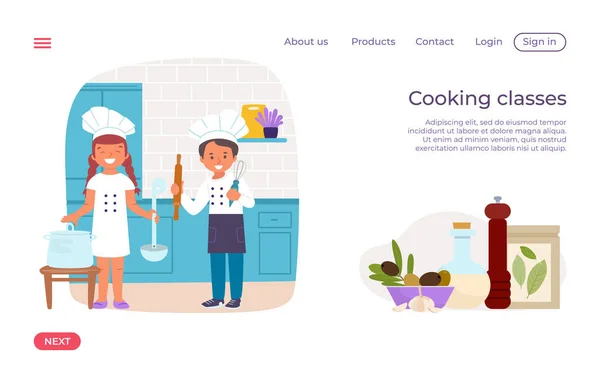 Cucina bambini classe moderno sbarco web banner, giovane cuoco ragazzo cappello culinario, ragazza tenere cucinare roba piatto vettoriale illustrazione, isolato su bianco. — Vettoriale Stock