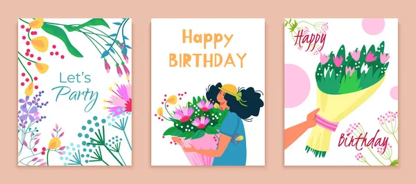 Ας κόμμα ευτυχισμένη κάρτα σετ γενεθλίων, λουλούδι μπουκέτο δώρο στην όμορφη γυναίκα χαρακτήρα κρατήστε λουλούδι αναμνηστικό επίπεδη διάνυσμα εικονογράφηση. — Διανυσματικό Αρχείο