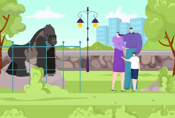 행복 한 가족 과 동물원에서 보내는 즐거운 가족 시간, 캐릭터 아버지와 아들 고릴라 원숭이 플랫 벡터 삽화 관찰. — 스톡 벡터