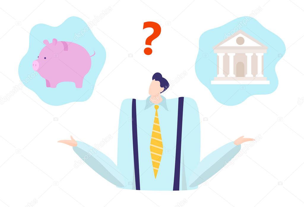 Businessman character thinking stock investing, world economic crisis, choice piggy bank flat vector illustration, isolated on white.