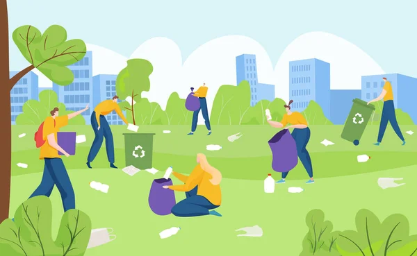 Ökológia aktivista önkéntes csoport emberek gyűjtése műanyag szemét a város kültéri kert park lapos vektor illusztráció. — Stock Vector