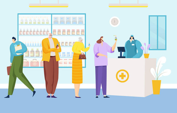 Group people together stand line queue buy drug, medical pharmacy showcase store, cash register shop drugstore flat vector illustration.