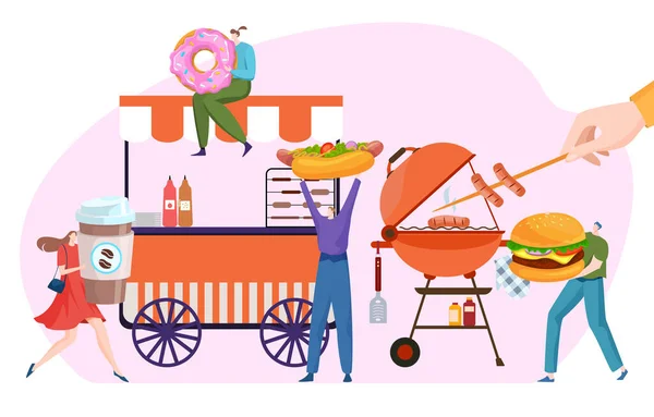 Amerikaanse straat fast food winkel, kleine karakter mensen houden voedsel hamburger, donut, bbq steak platte vector illustratie, geïsoleerd op wit. — Stockvector