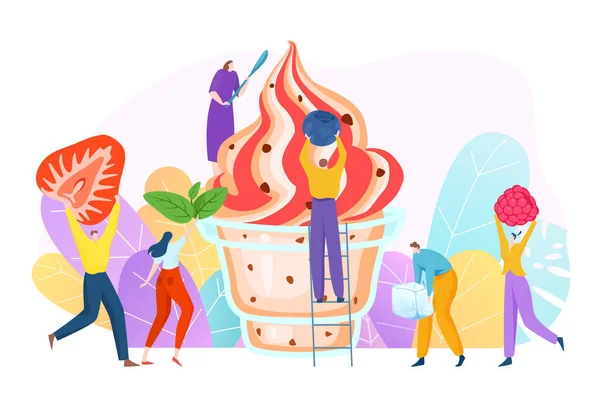 Fröhliche Menschen winzigen Charakter machen köstliche Fruchtcreme Dessert, Teamarbeit Vorbereitung Eisbecher flache Vektor Illustration, isoliert auf weiß. — Stockvektor