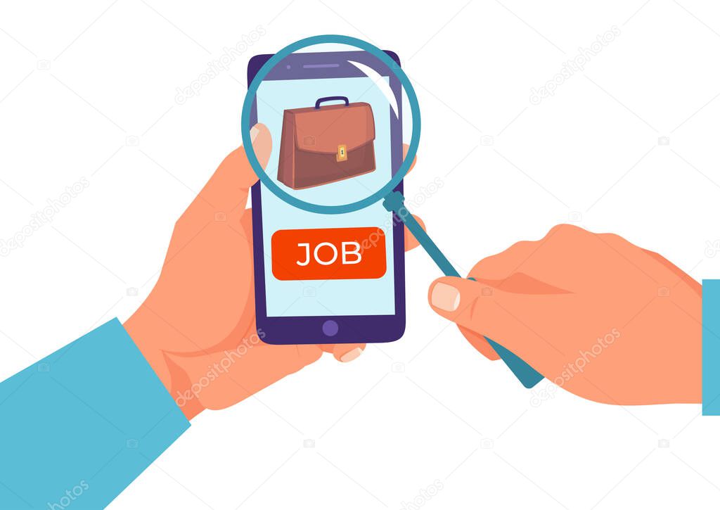 Work candidate search occupation job, male hand hold magnifying glass and mobile phone device flat vector illustration, isolated on white.