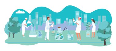 Tıbbi yardımcı analizi. Bilimsel sıvı matarası. Küçük karakter doktoru..