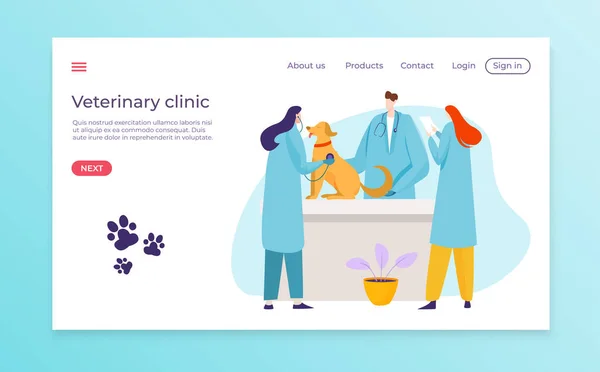 Medische veterinaire kliniek landing web banner, arts karakter samen dierlijke gezondheidszorg platte vector illustratie, geïsoleerd op blauw. — Stockvector