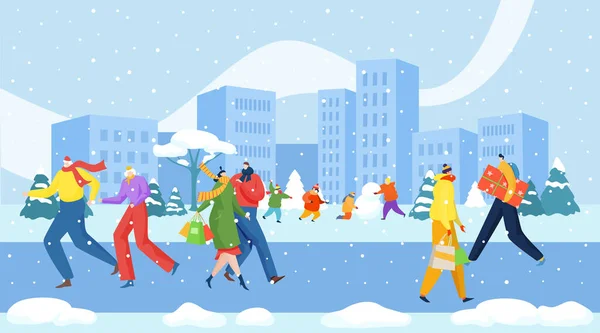 Les gens joyeux se promener trottoir Noël vacances d'hiver, paysage urbain promenade rue Noël shopping plat vecteur illustration. — Image vectorielle