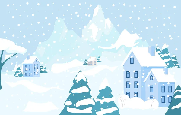 Paisaje lugar de vacaciones de invierno, lugar de vacaciones de Navidad, acogedor lugar de nieve país plana vector ilustración. — Archivo Imágenes Vectoriales