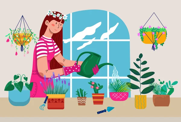 Mladá žena charakter zalévání domácí různé rostliny, pohodlné zelené zahradní místnosti, domácí bylinková péče ploché vektorové ilustrace. — Stockový vektor