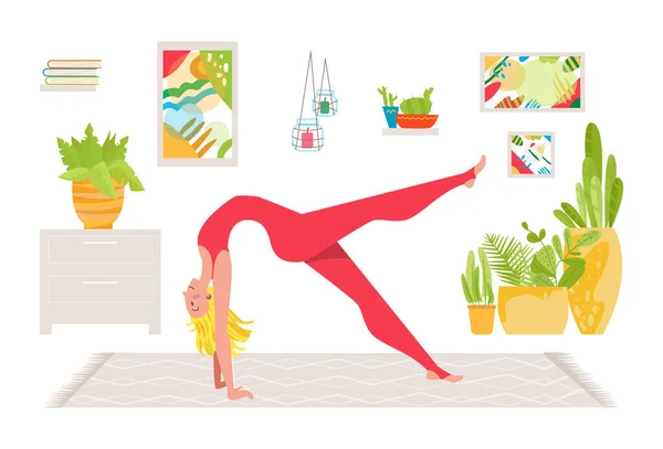Hermosa joven personaje practica yoga en casa, cuidado de la salud asiático oriental actividad física plana vector ilustración, aislado en blanco. — Vector de stock