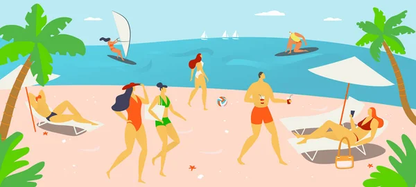 Відпустка відпустка час, люди символізують разом відпочинок гарячий відкритий пляж, тропічний заміський піщаний берег мультфільм Векторні ілюстрації, природний пейзаж . — стоковий вектор