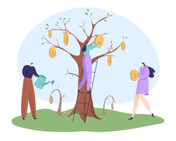 Економічне відновлення після глобальної кризи коронавірусу, бізнес-леді тримає монету, бізнесмен поливає дерево плоске Векторні ілюстрації, ізольовані на білому . — стоковий вектор