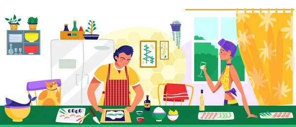 Preciosa pareja de carácter femenino y masculino juntos cocinar alimentos, hombre preparar comida, mujer celebrar copa de vino plana vector ilustración. — Archivo Imágenes Vectoriales