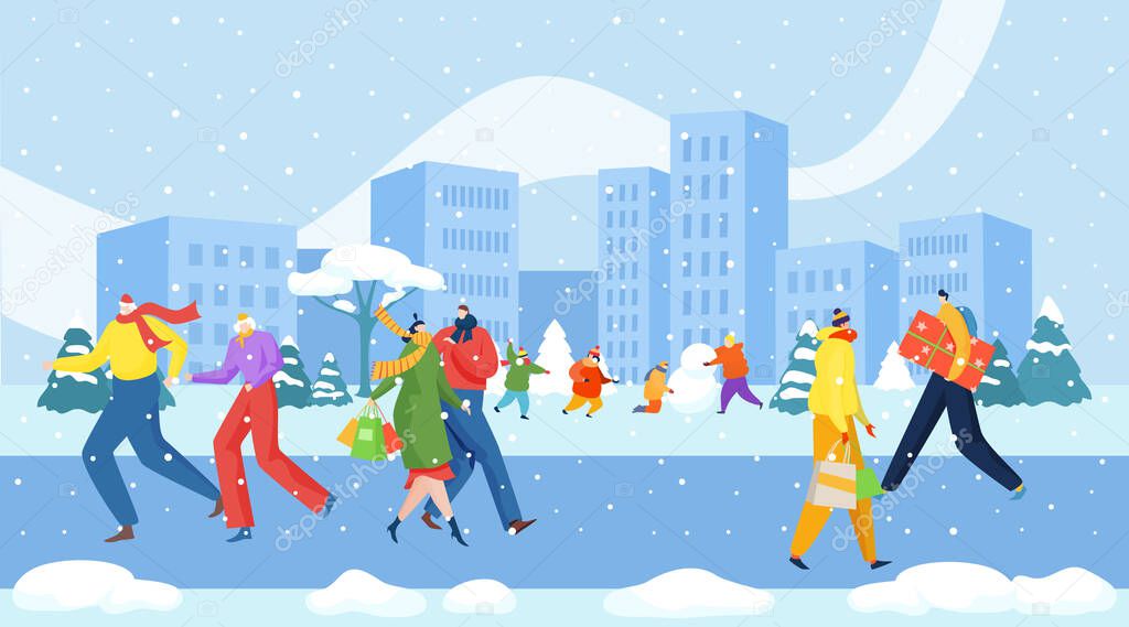Cheerful people stroll pavement christmas winter holiday time, urban cityscape walking street xmas shopping flat vector illustration.